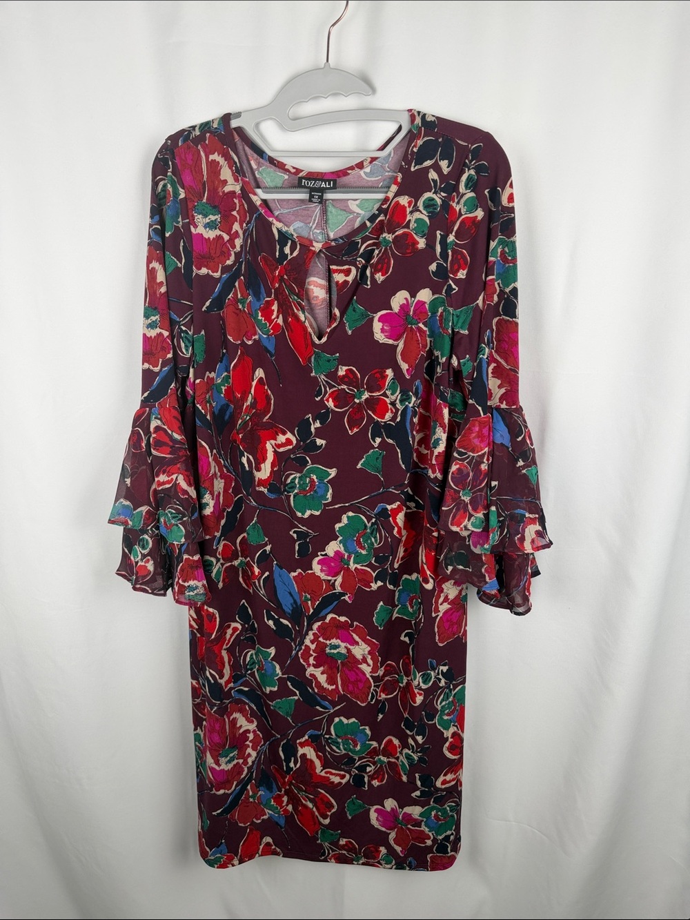 Roz & Ali Plum Floral Bell-Sleeve Keyhole Dress